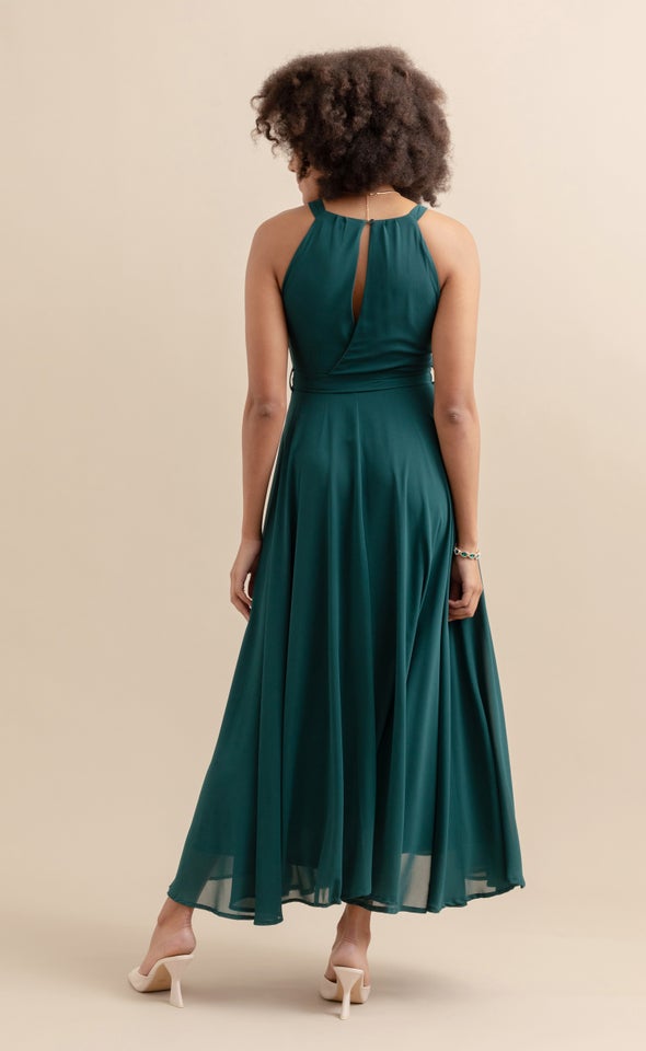 Chiffon Halter Tie Waist Gown Emerald