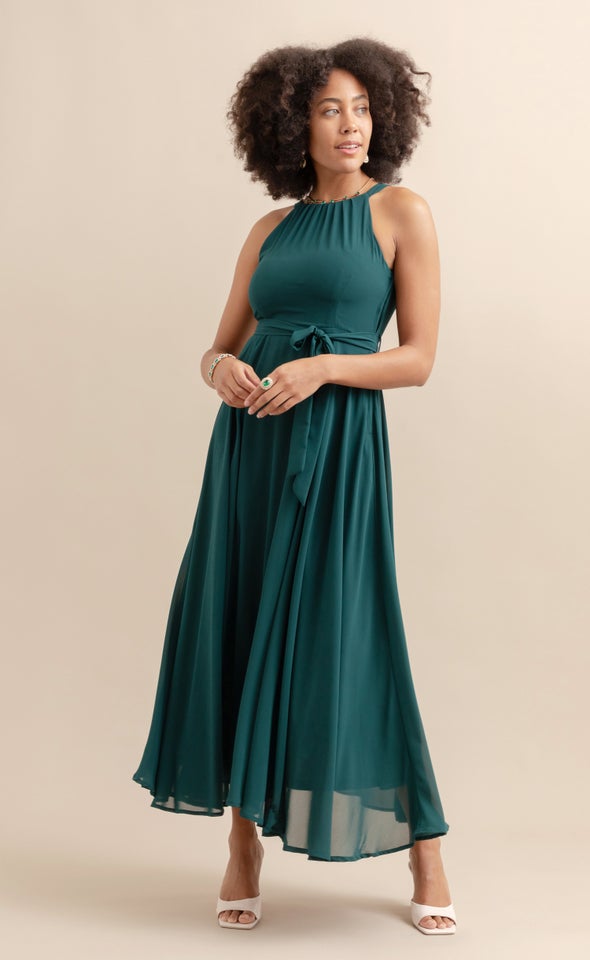 Chiffon Halter Tie Waist Gown Emerald