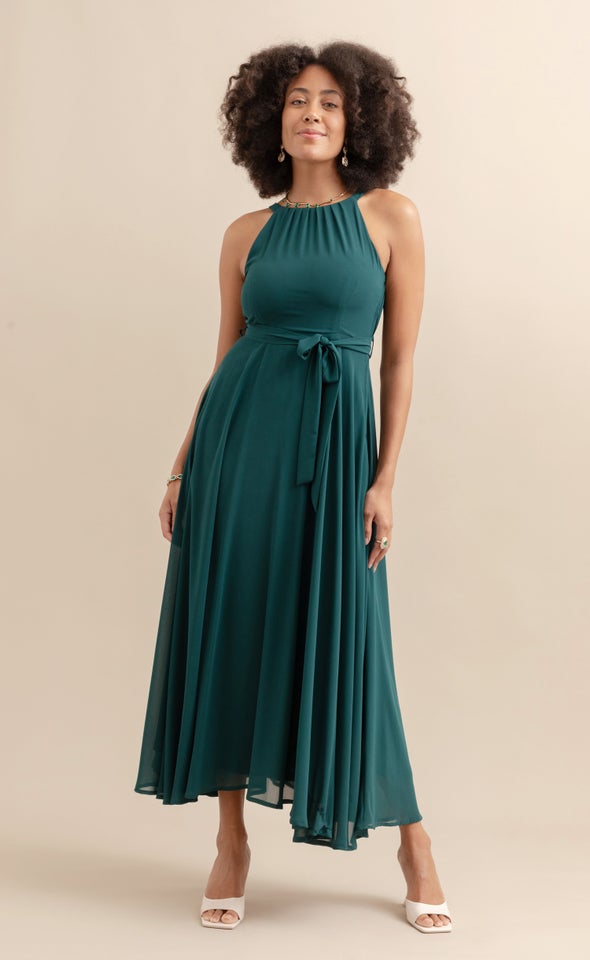 Chiffon Halter Tie Waist Gown Emerald