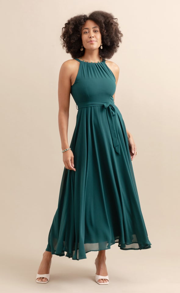 Chiffon Halter Tie Waist Gown Emerald