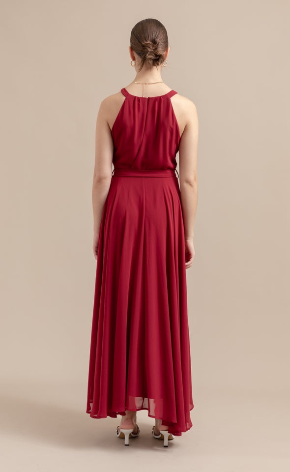 Chiffon Halter Tie Waist Gown Maroon