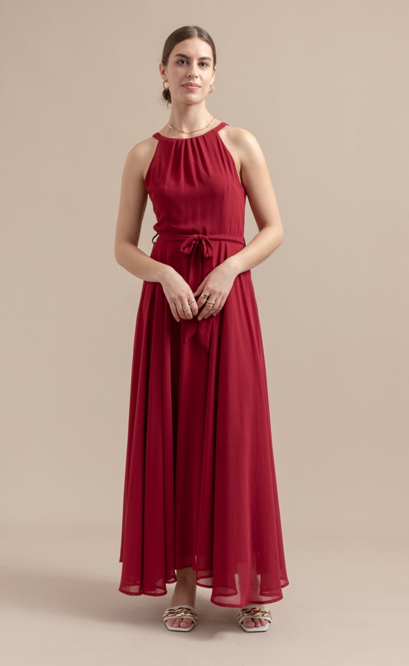 Chiffon Halter Tie Waist Gown Maroon