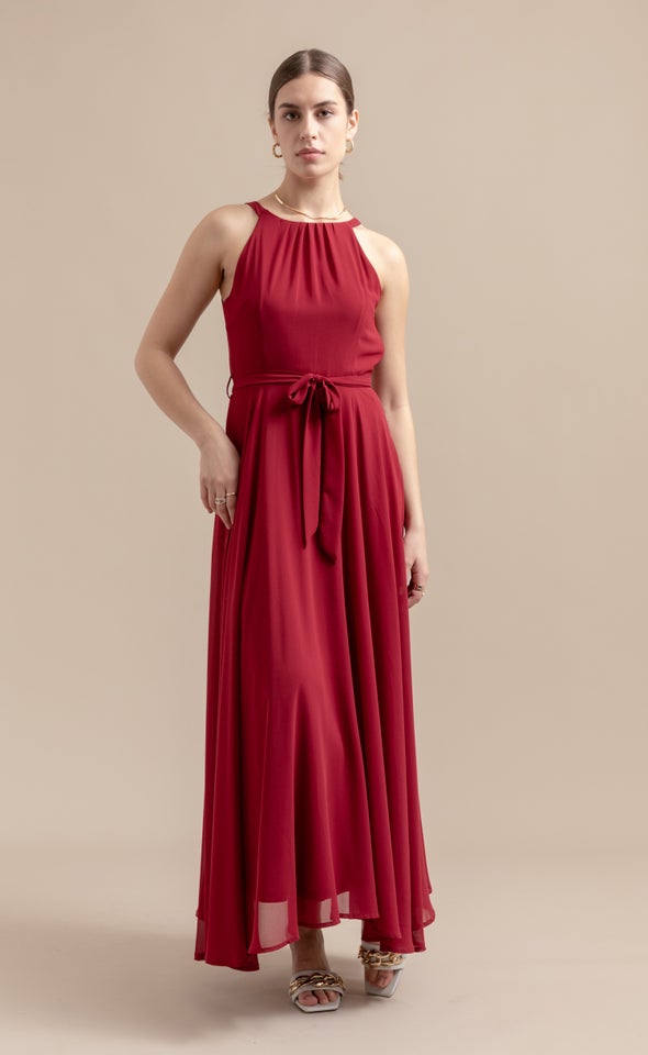 Chiffon Halter Tie Waist Gown Maroon