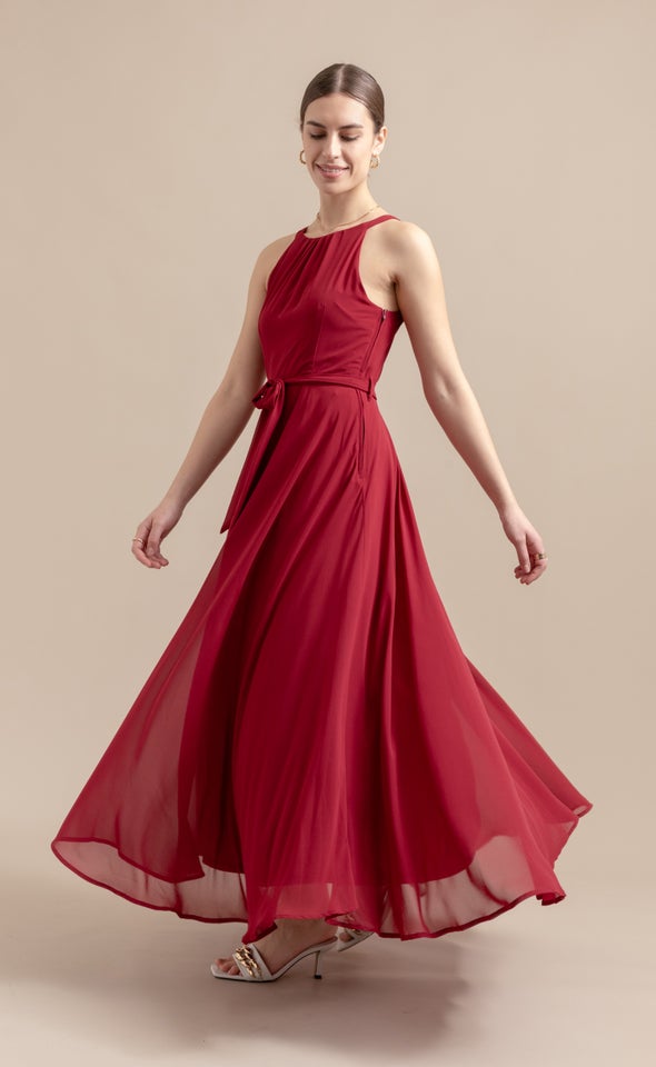 Chiffon Halter Tie Waist Gown Maroon