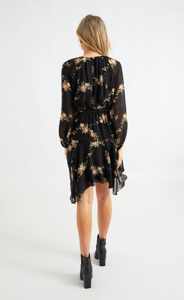 Chiffon Handkerchief Skirt LS Dress Black/floral