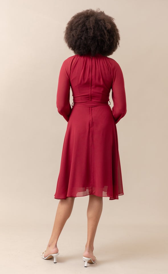 Chiffon High Neck A-Line Dress Maroon