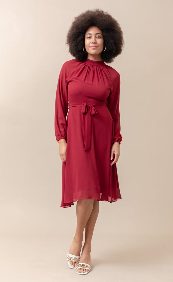 Chiffon High Neck A-Line Dress Maroon