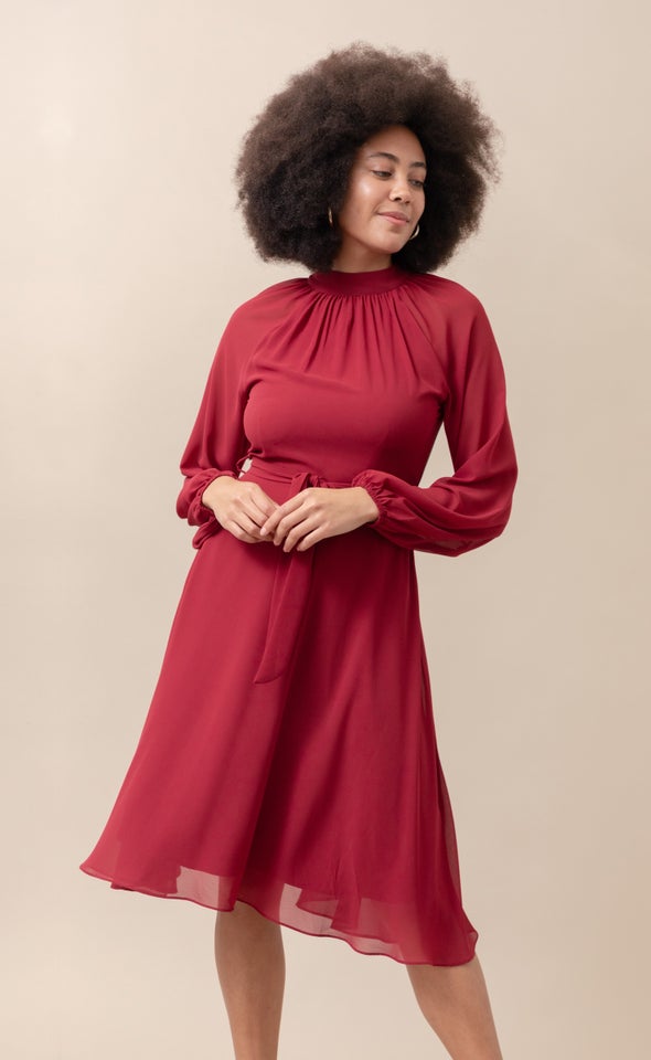 Chiffon High Neck A-Line Dress Maroon