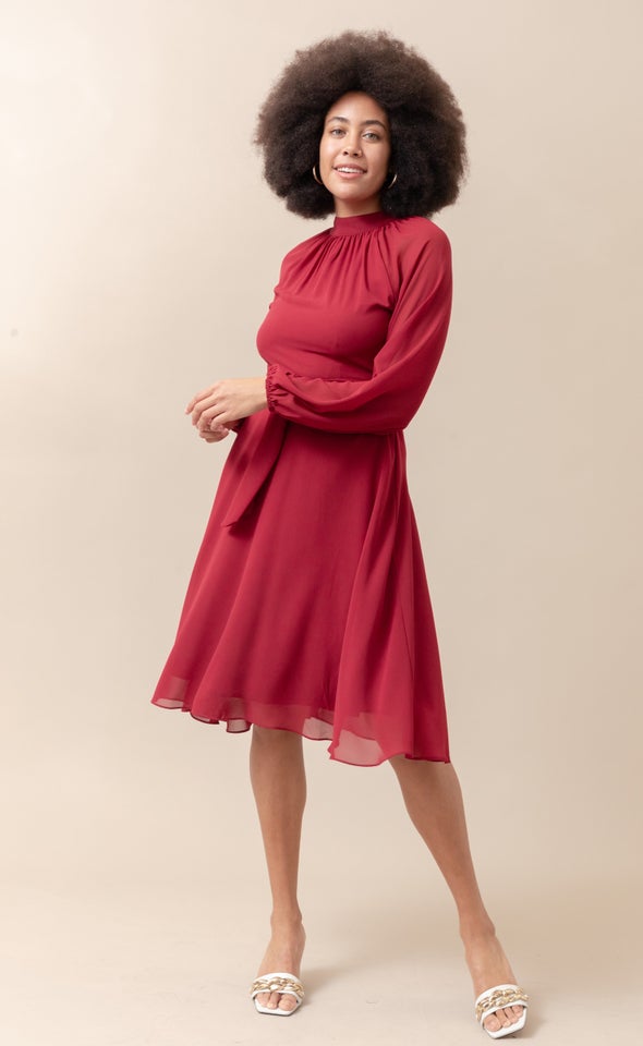 Chiffon High Neck A-Line Dress Maroon
