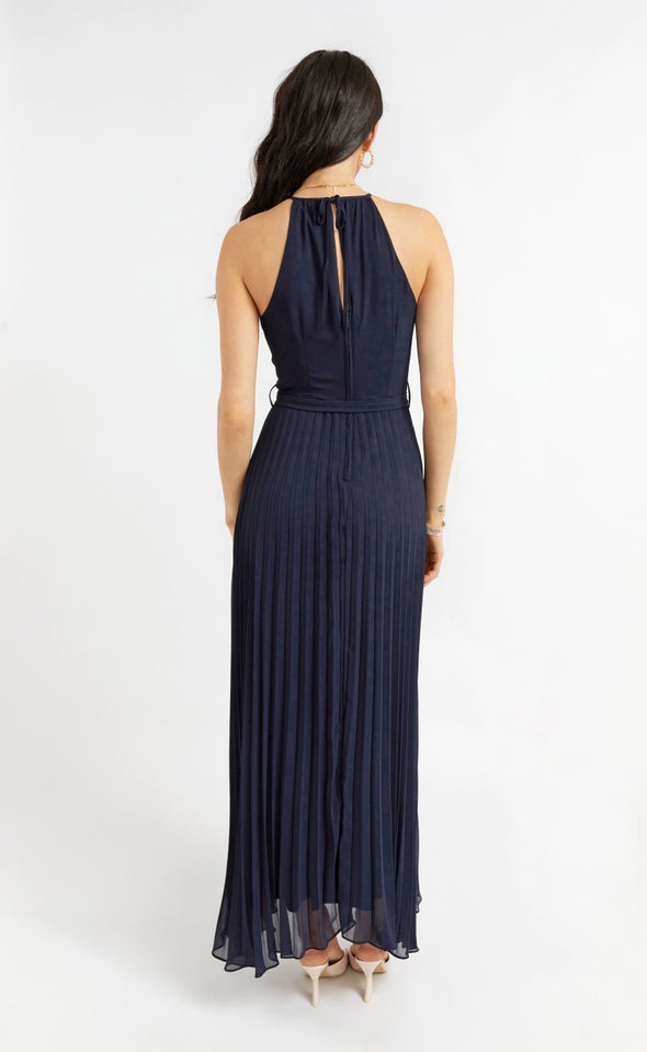 Chiffon High Neck Pleated Gown Midnight