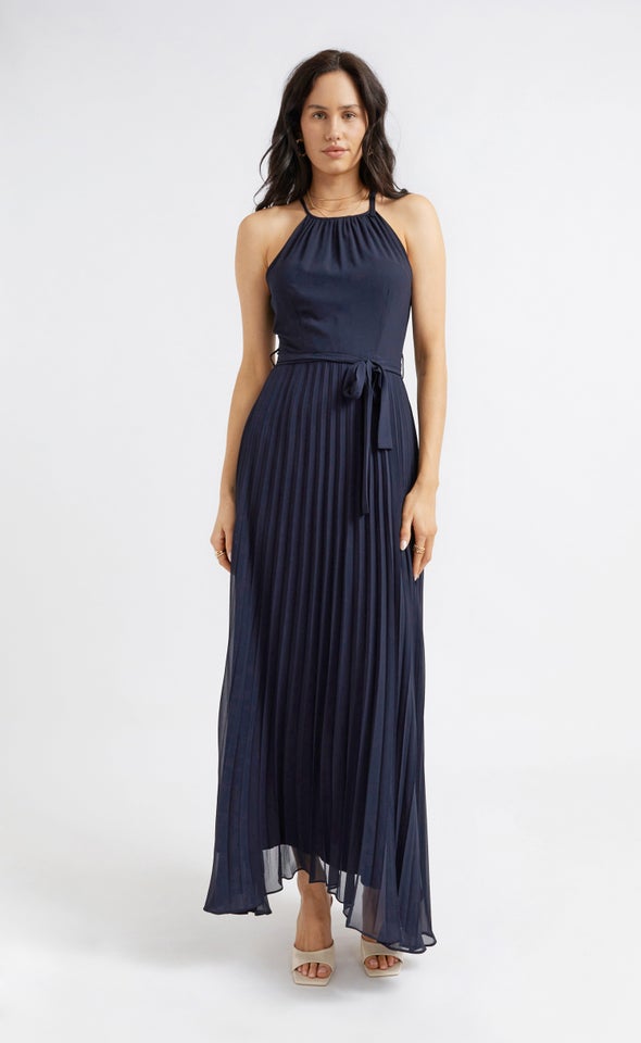 Chiffon High Neck Pleated Gown Midnight