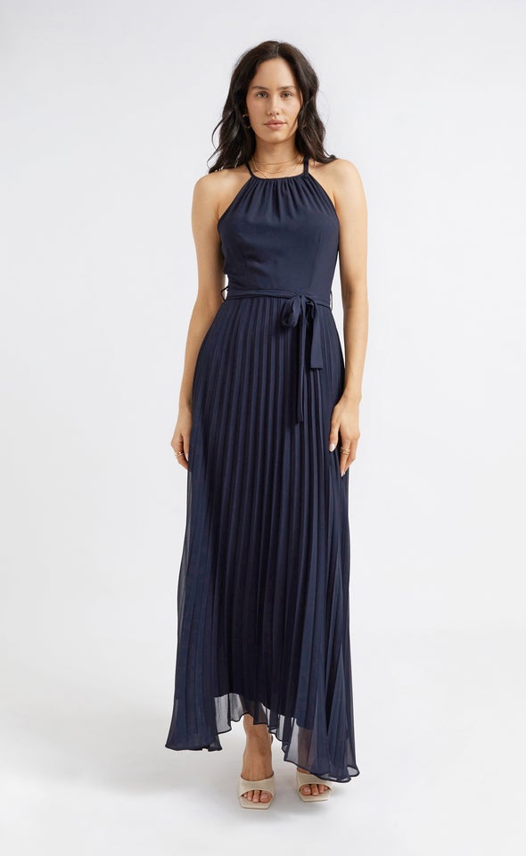 Chiffon High Neck Pleated Gown Midnight