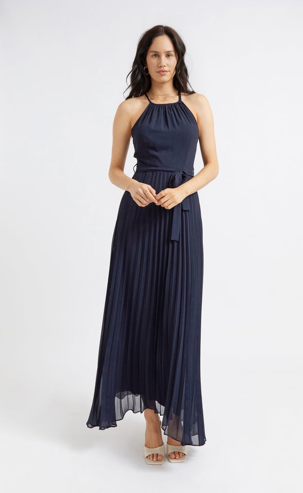 Chiffon High Neck Pleated Gown Midnight