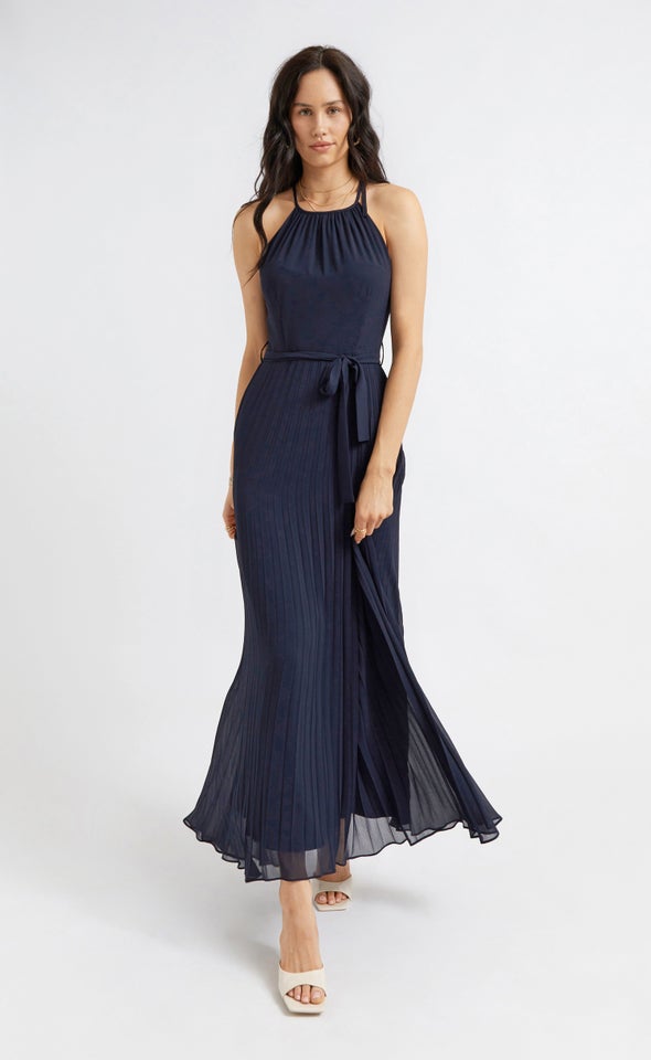 Chiffon High Neck Pleated Gown Midnight