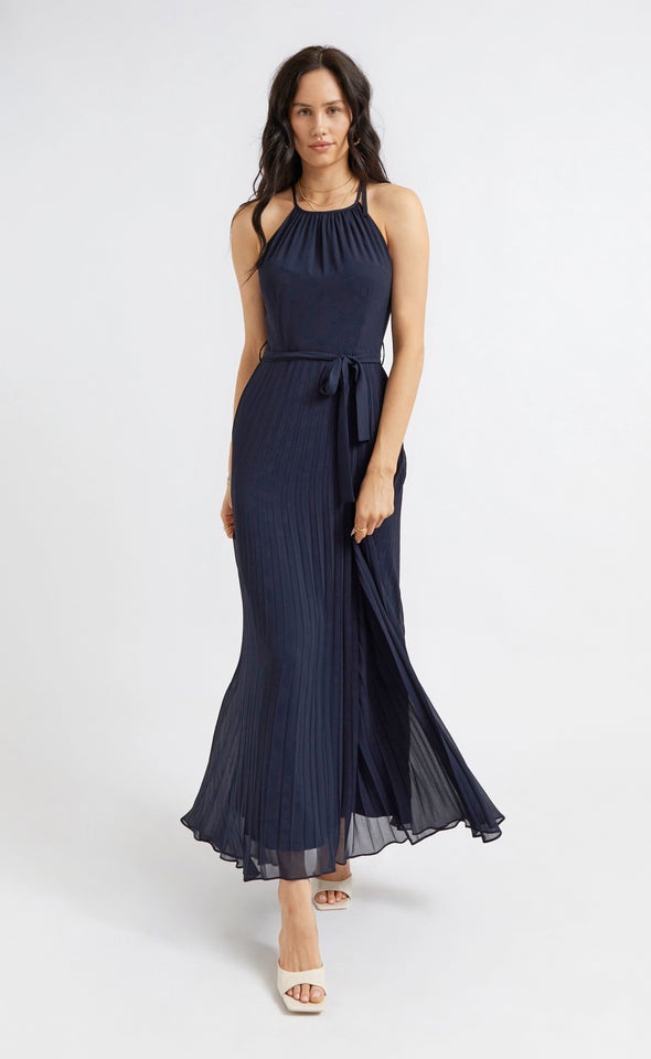 Chiffon High Neck Pleated Gown Midnight
