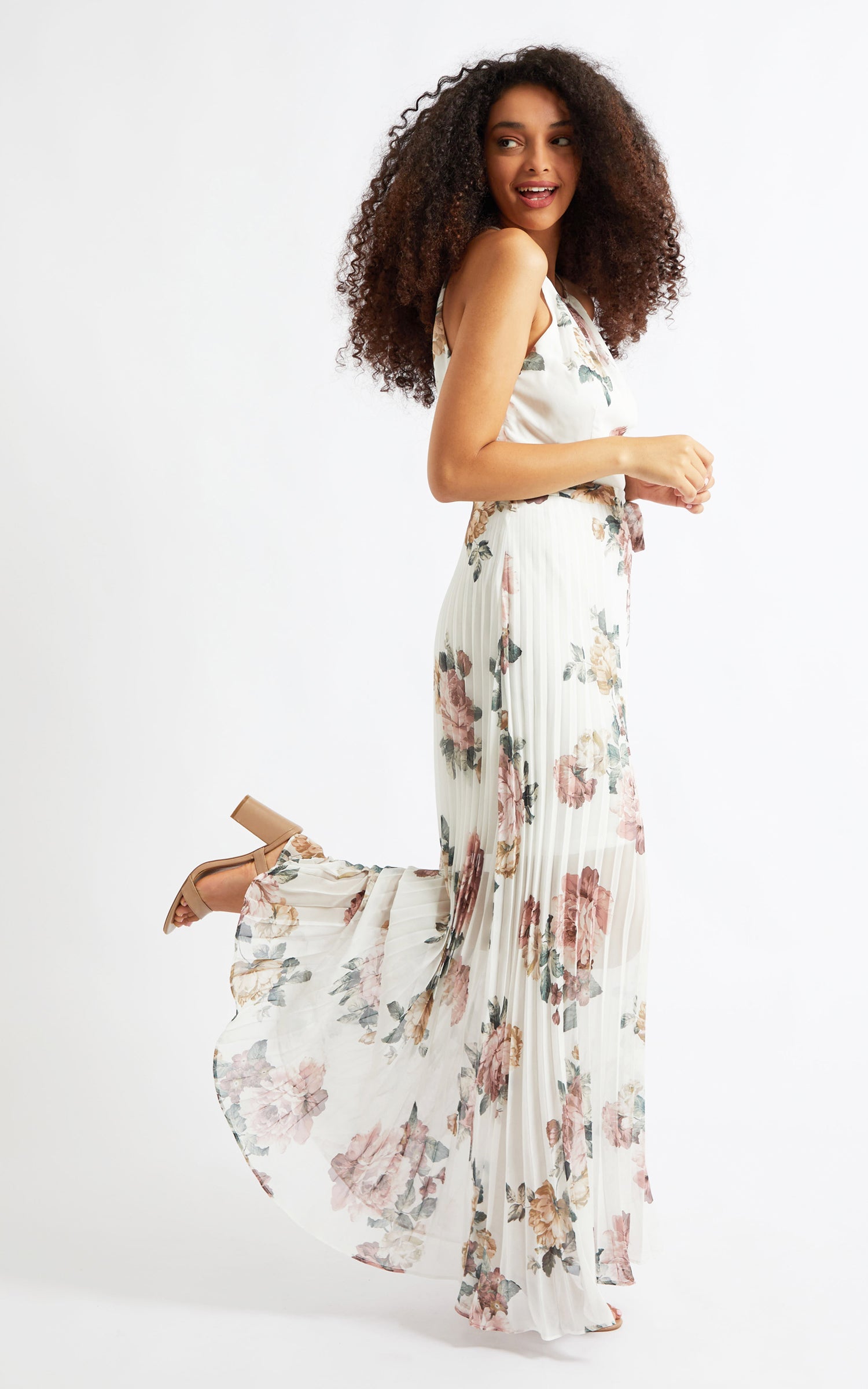 high neck pleated maxi dress