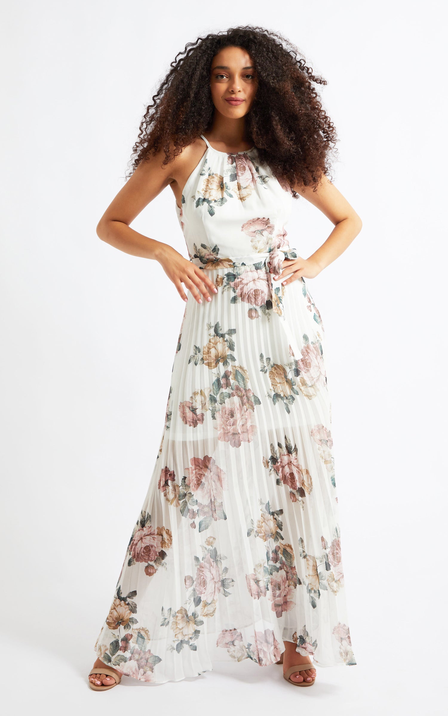 high neck pleated maxi dress