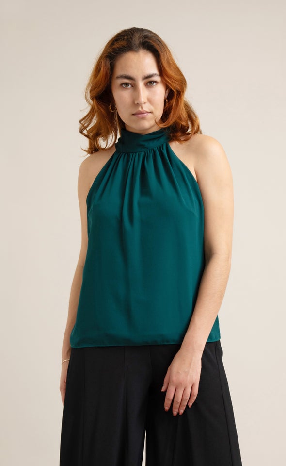 Chiffon High Neck Shell Top Emerald