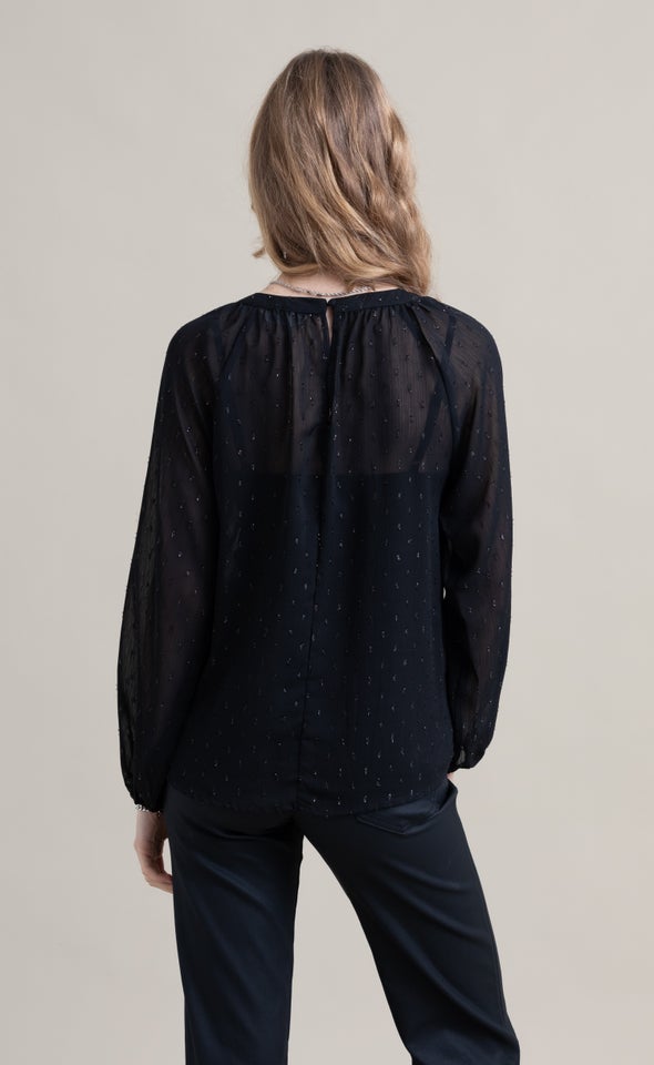 Chiffon Keyhole Detail LS Top Black
