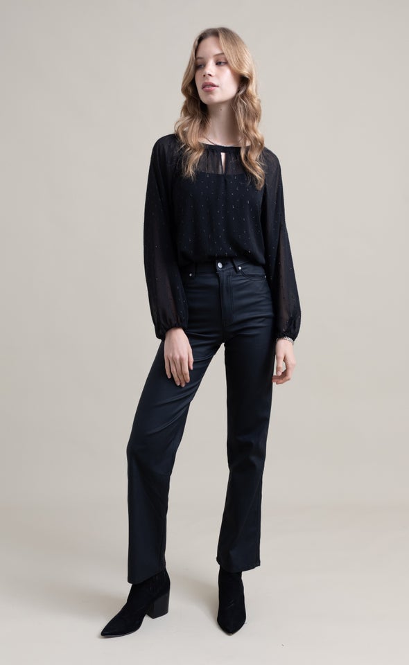 Chiffon Keyhole Detail LS Top Black