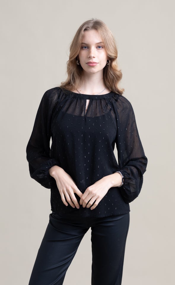 Chiffon Keyhole Detail LS Top Black
