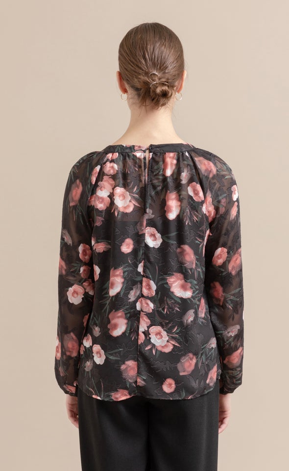 Chiffon Keyhole Detail LS Top Black/floral