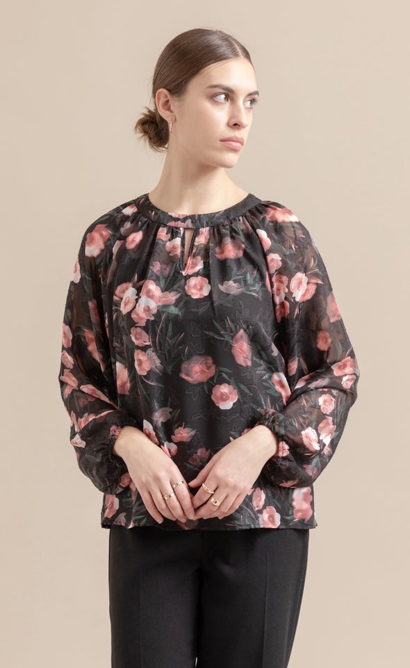 Chiffon Keyhole Detail LS Top Black/floral