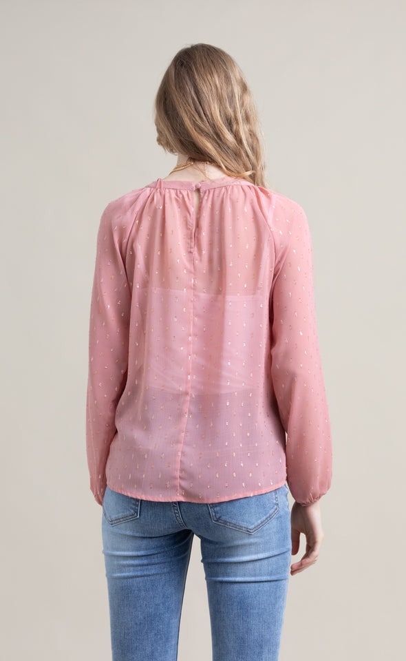 Chiffon Keyhole Detail LS Top Dusky Pink
