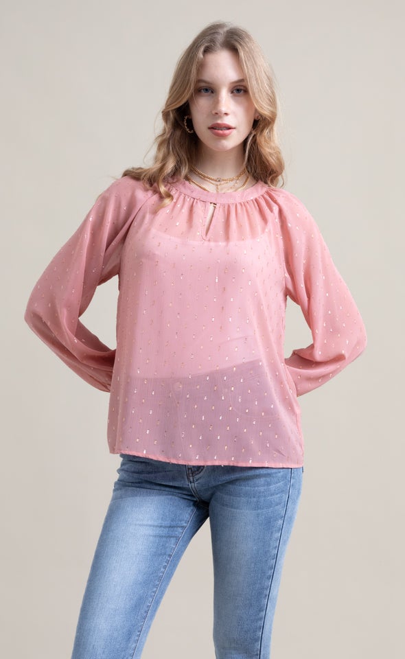Chiffon Keyhole Detail LS Top Dusky Pink