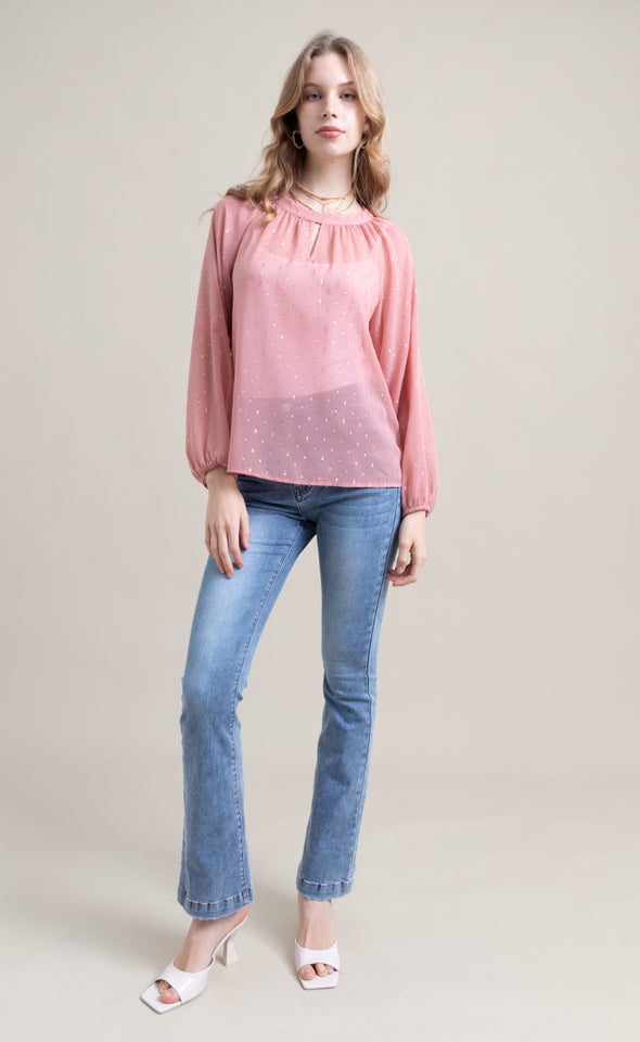 Chiffon Keyhole Detail LS Top Dusky Pink