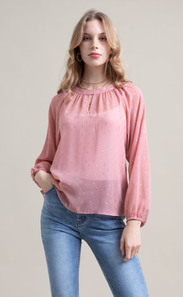 Chiffon Keyhole Detail LS Top Dusky Pink