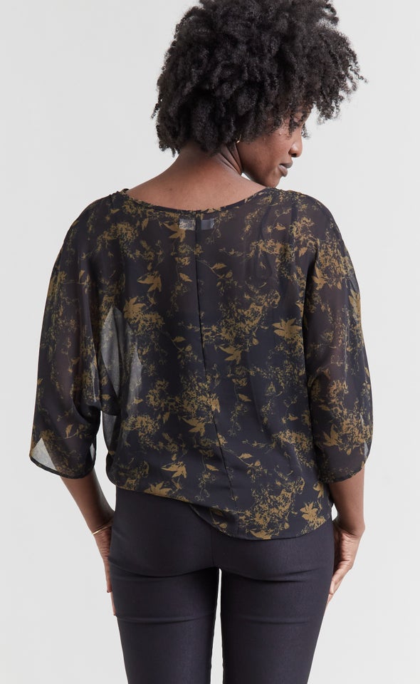 Chiffon Knot Hem Batwing Top Black/tan