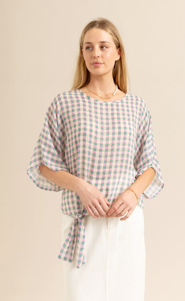 Chiffon Knot Hem Batwing Top Pink/teal