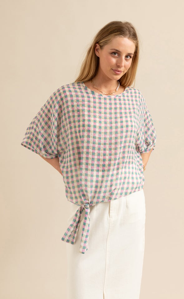 Chiffon Knot Hem Batwing Top Pink/teal