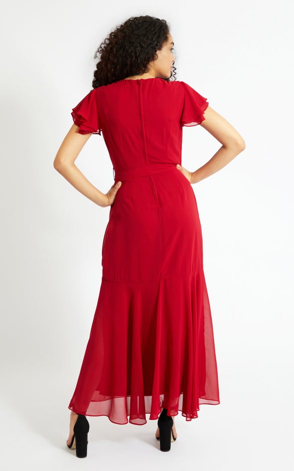 Chiffon Layered Flutter Wrap Gown Maroon