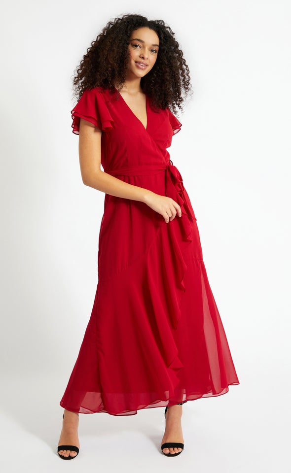 Chiffon Layered Flutter Wrap Gown Maroon