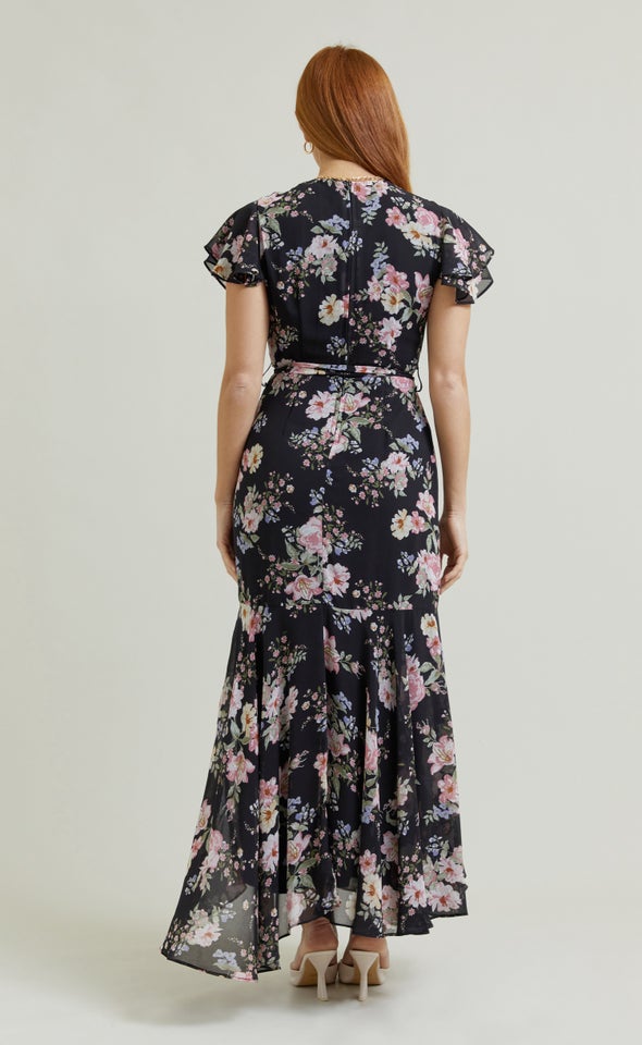 Chiffon Layered Flutter Wrap Maxi Black/floral