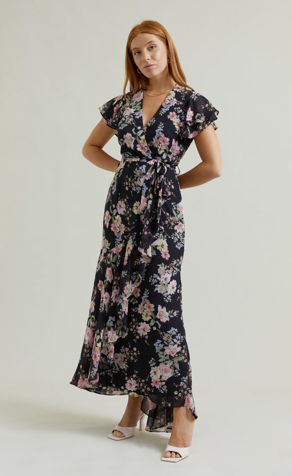 Chiffon Layered Flutter Wrap Maxi Black/floral