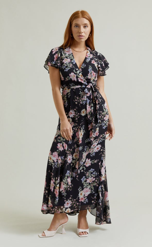 Chiffon Layered Flutter Wrap Maxi Black/floral