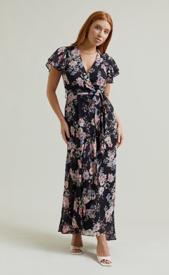 Chiffon Layered Flutter Wrap Maxi Black/floral