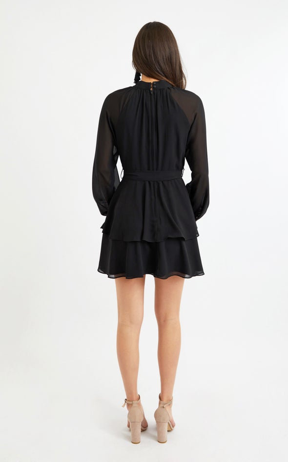 Chiffon Layered Skirt LS Dress Black