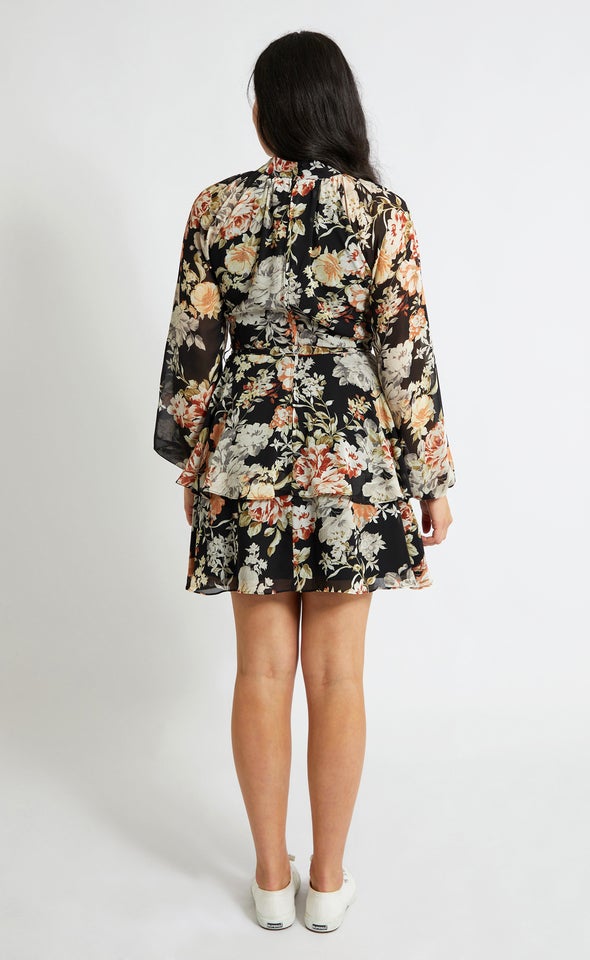 Chiffon Layered Skirt LS Dress Black/floral