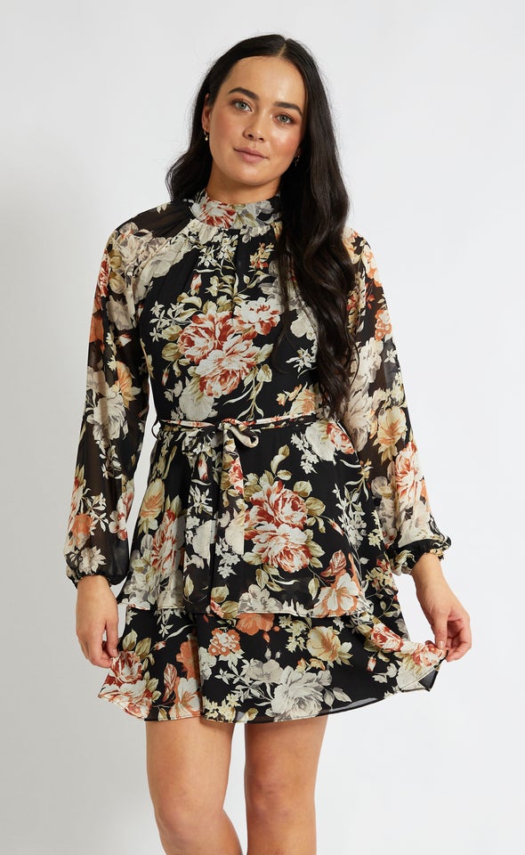 Chiffon Layered Skirt LS Dress Black/floral