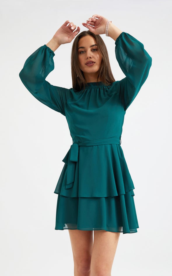 Chiffon Layered Skirt LS Dress Emerald