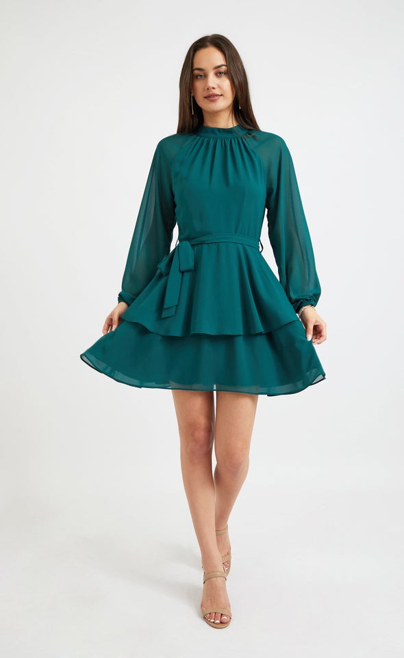 Chiffon Layered Skirt LS Dress Emerald