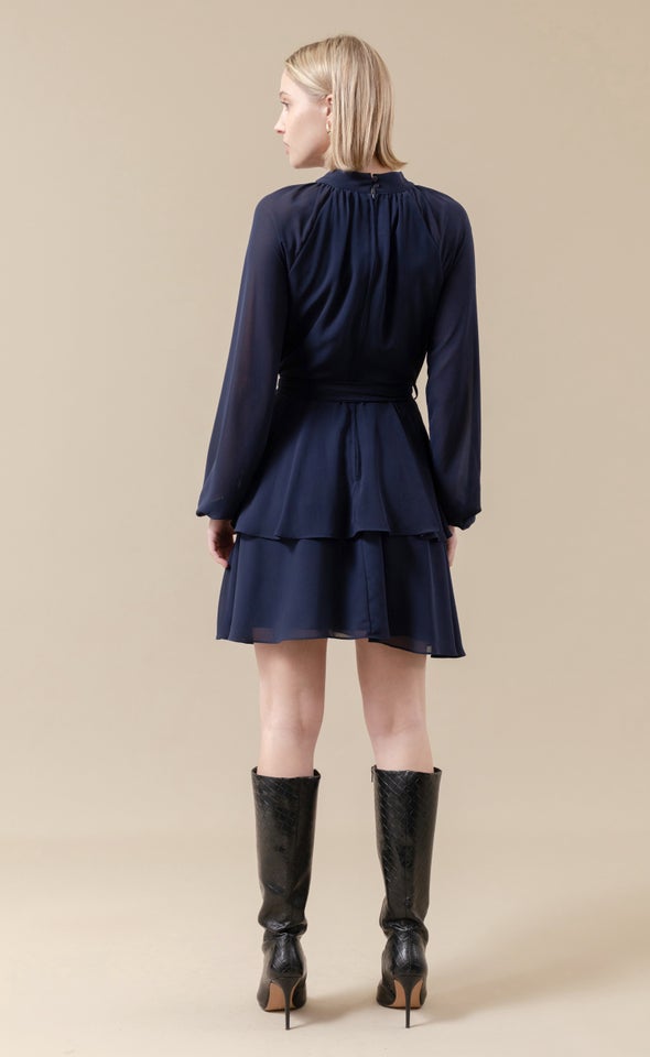 Chiffon Layered Skirt LS Dress Navy