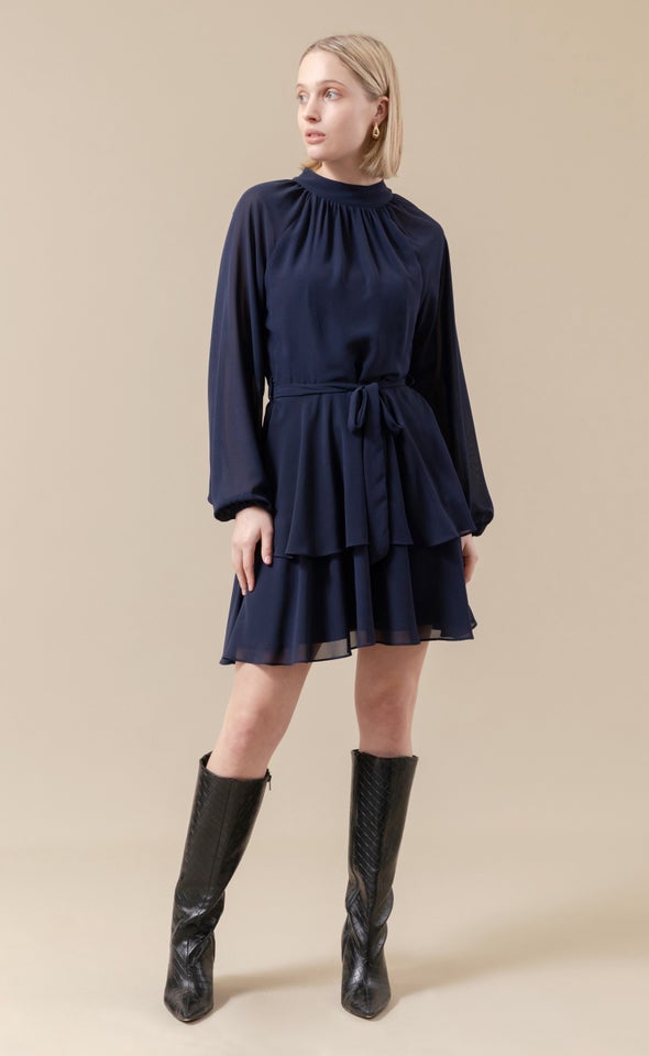 Chiffon Layered Skirt LS Dress Navy