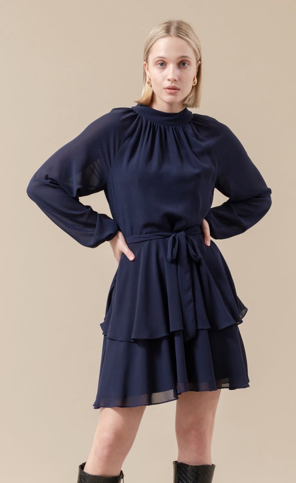 Chiffon Layered Skirt LS Dress Navy