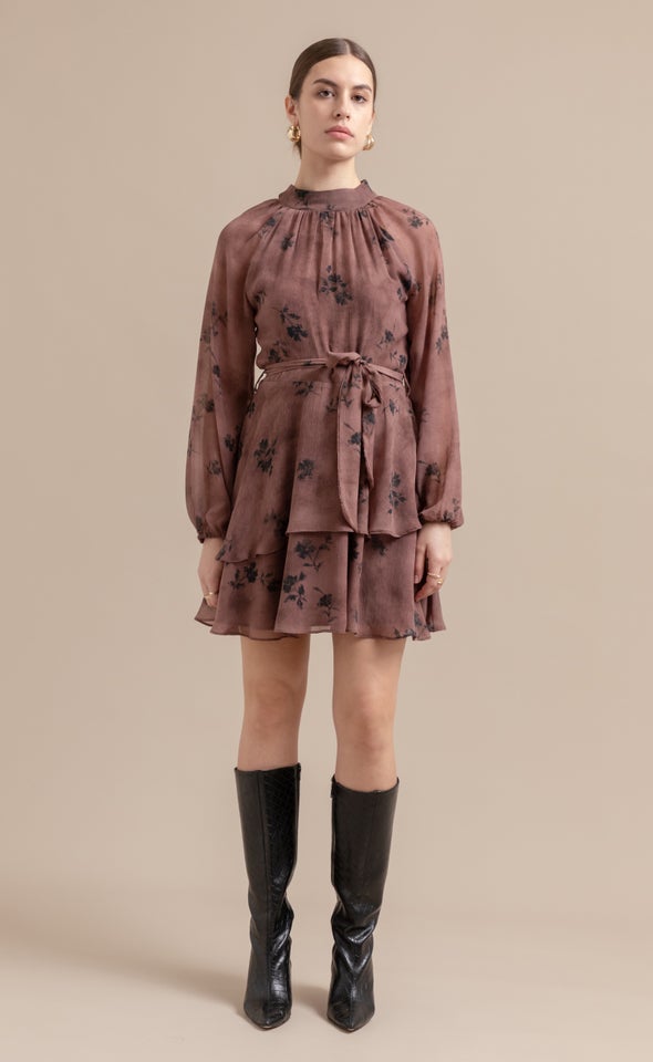 Chiffon Layered Skirt LS Dress Rose Taupe/black