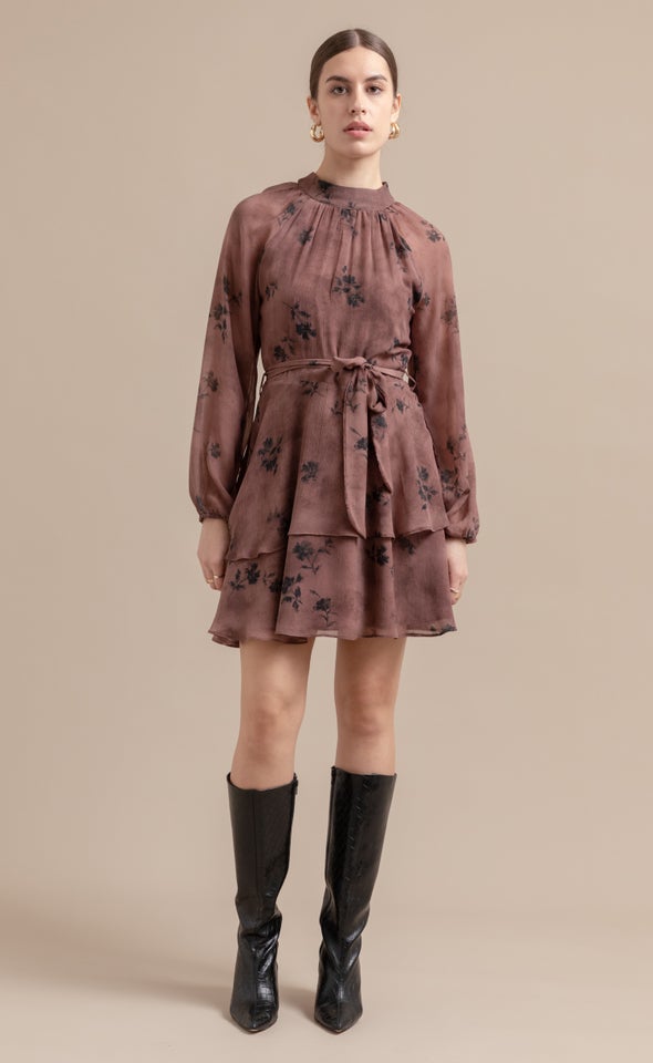 Chiffon Layered Skirt LS Dress Rose Taupe/black